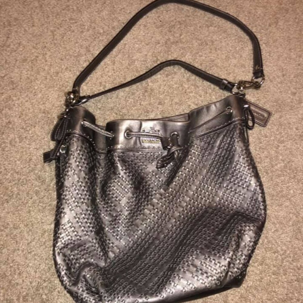 Coach Leather Marielle Drawstring Bucket Tote - Gray Weave